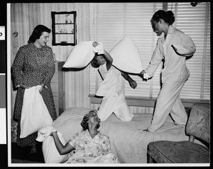 Adults pillow fight, vintage