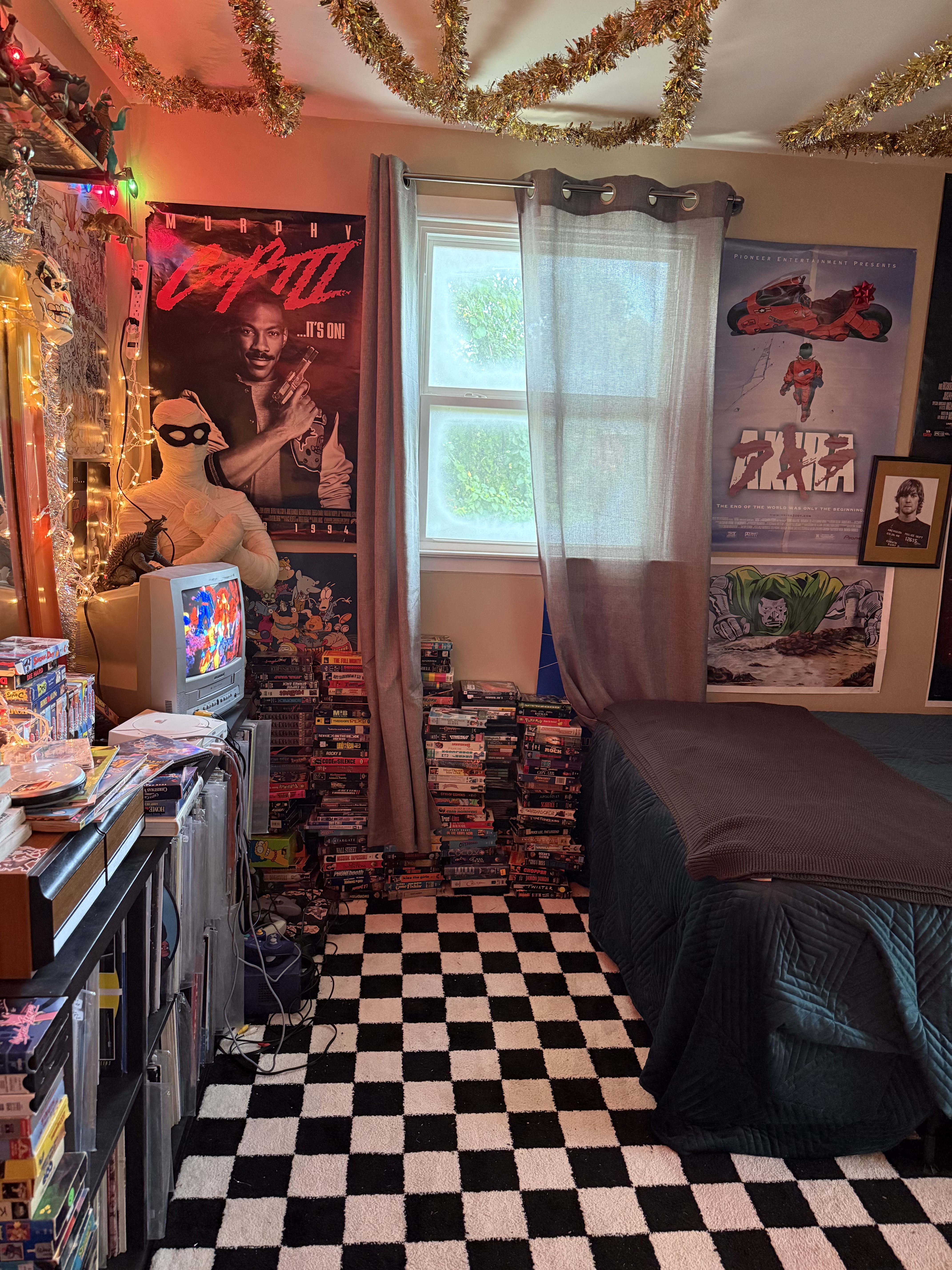 VHS towers and checkerboard floor