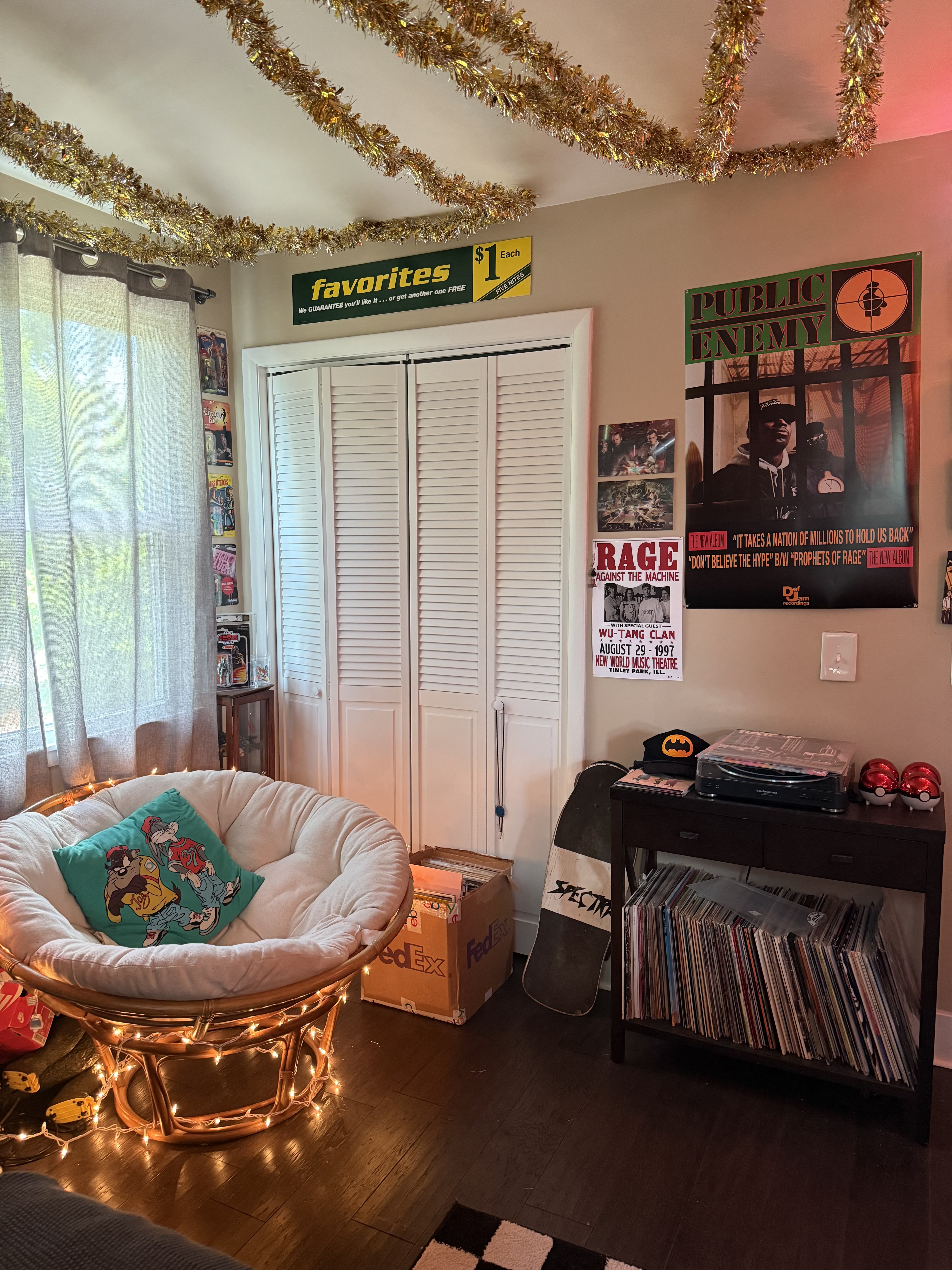 Papasan chair, vinyl, Public Enemy poster
