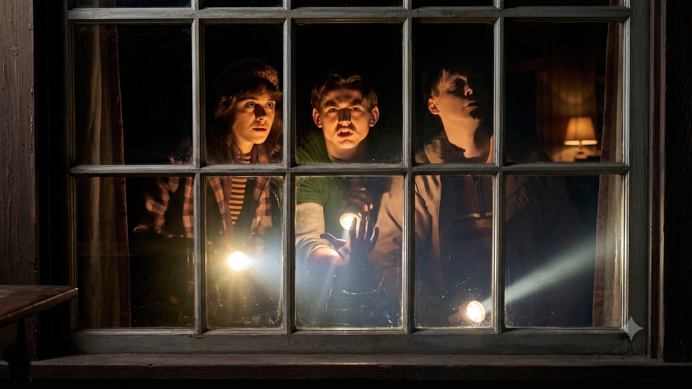 Three teens at a dark window with flashlights