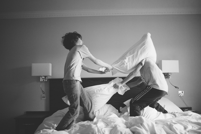 Pillow fight motion, black and white